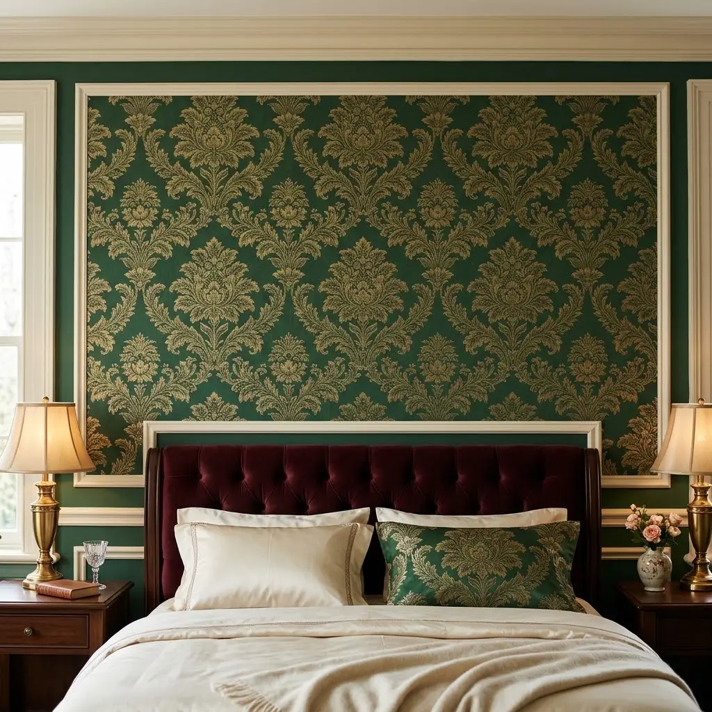 Deep-green damask wallpaper with an antique-gold botanical pattern behind a traditional velvet headboard.