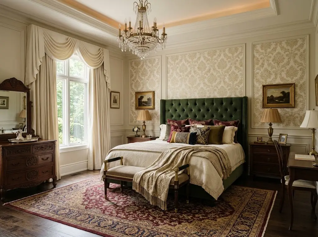 Traditional bedroom ideas featuring a tufted emerald velvet bed, carved walnut furniture, Persian rug, and elegant chandelier.