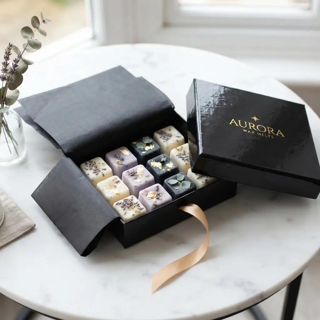 Luxury black and gold foil wax melts packaging box on white table. 