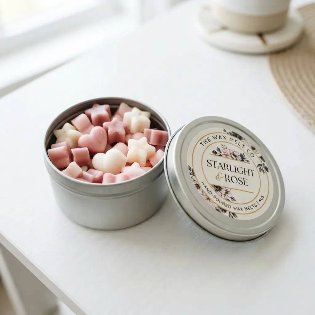 Open round tin filled with heart and star shaped wax melts and printed lid label.