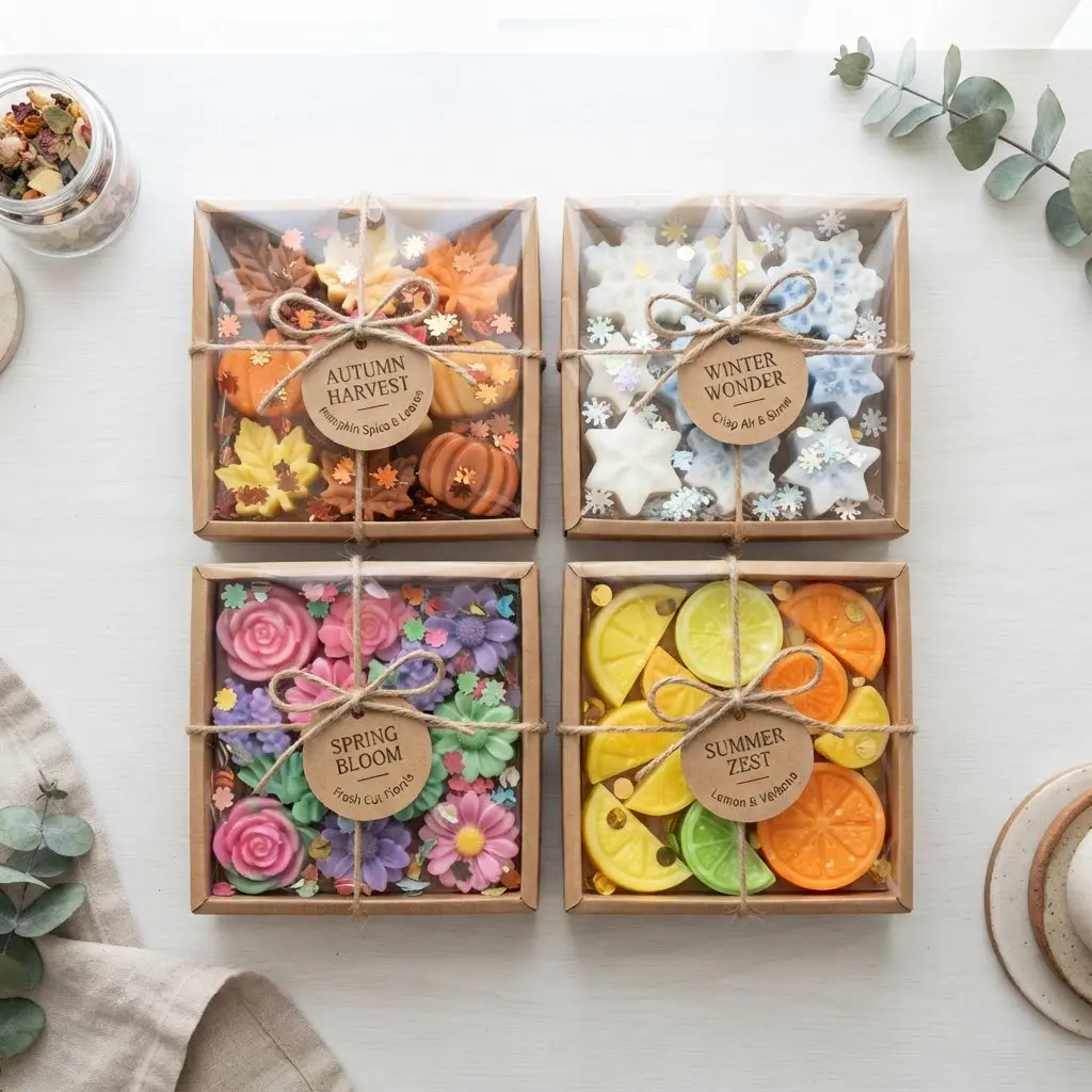 Four-season kraft box set with shaped wax melts for each season on white table.