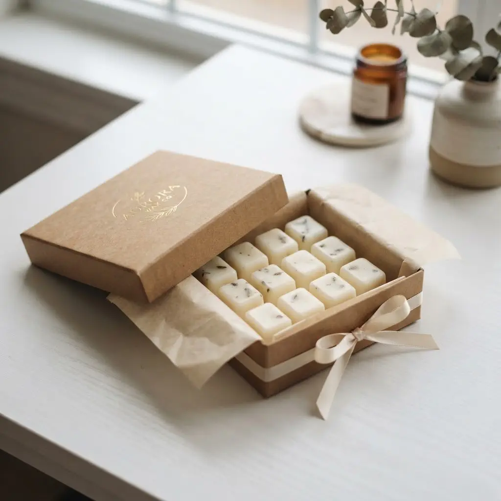Kraft eco box with gold stamp and satin ribbon wax melt packaging. 