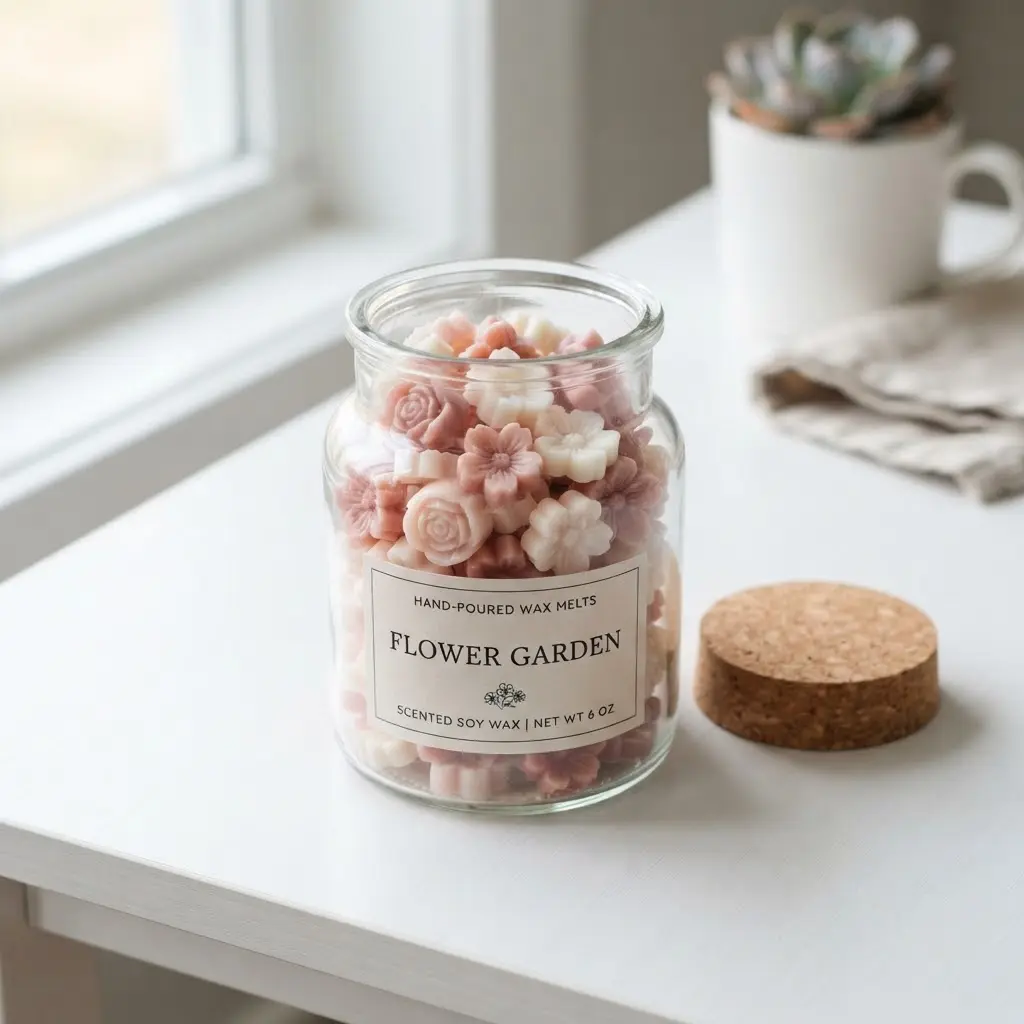 Glass cork jar filled with flower-shaped wax melts visible through clear glass.