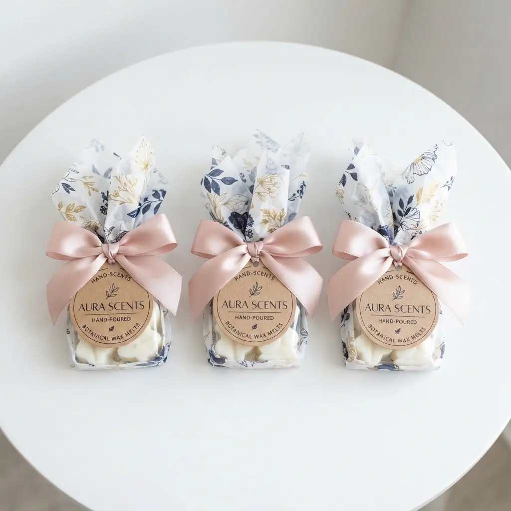 Luxury ribbon-tied tissue bundle wax melt packaging on white table.