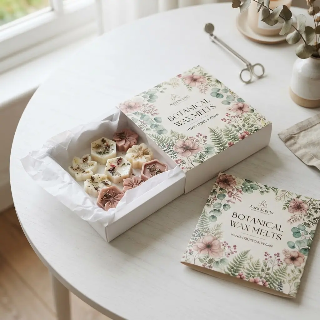 Floral botanical sleeve wax melts packaging ideas on white modern table.