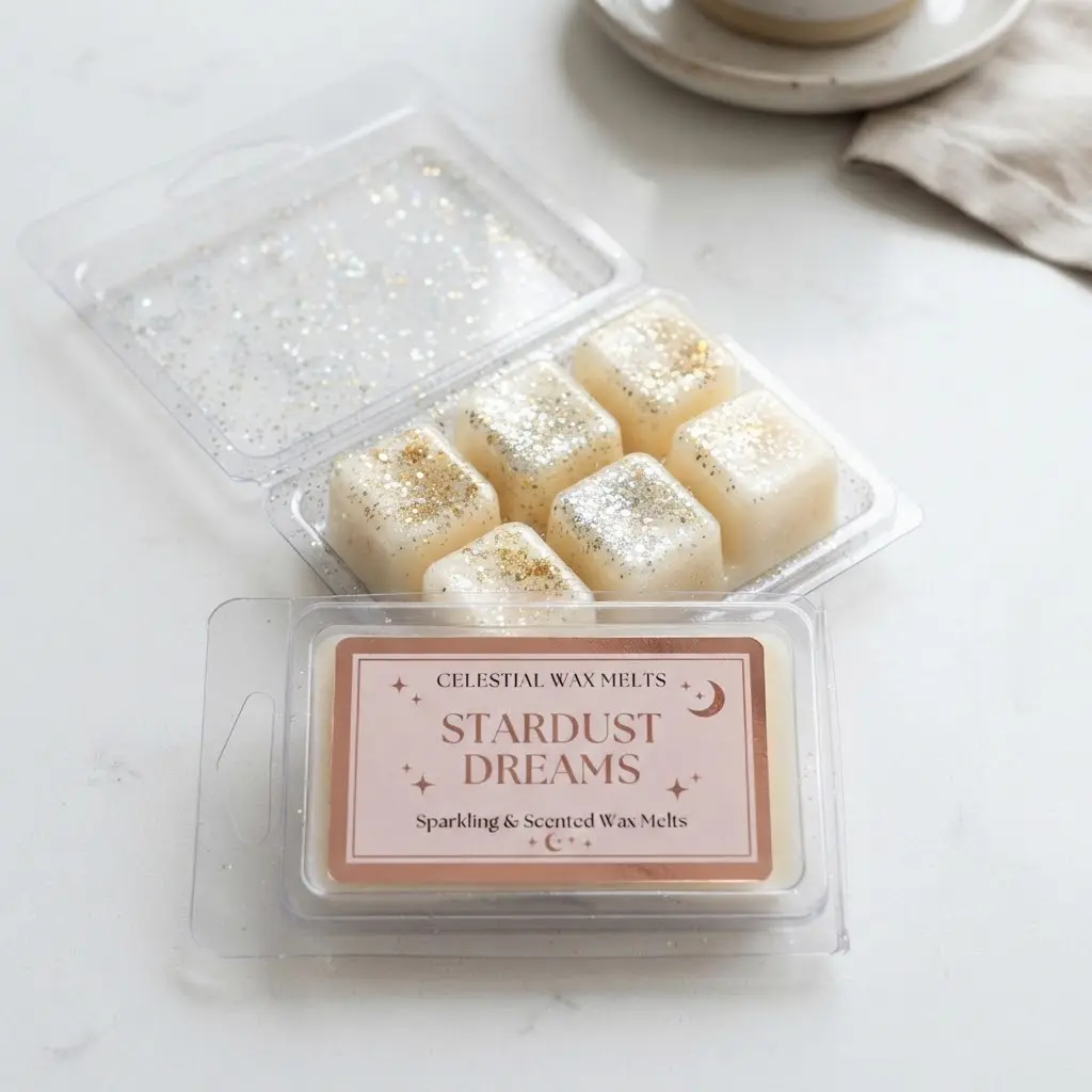 Glitter shimmer clamshell wax melt packaging with rose gold foil label. 