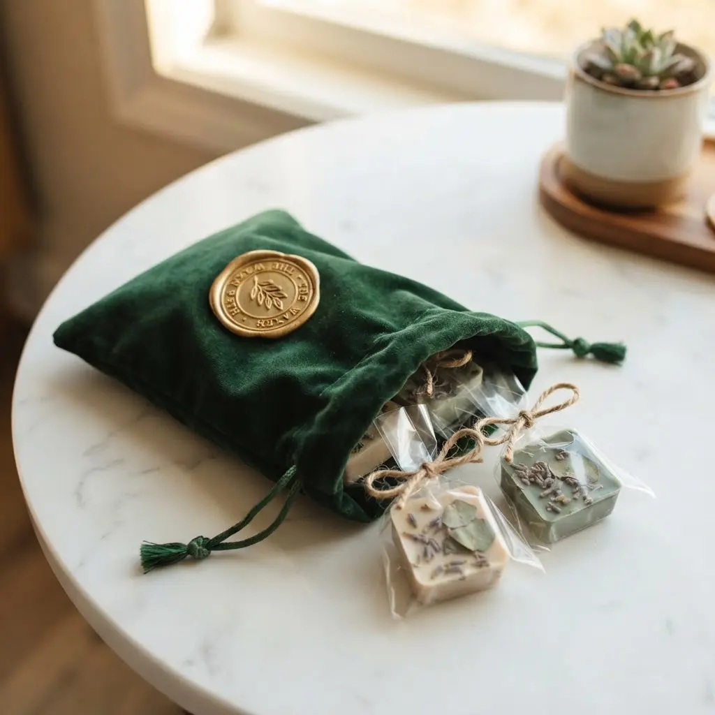 Forest green velvet pouch with wax seal for wax melt packaging. 