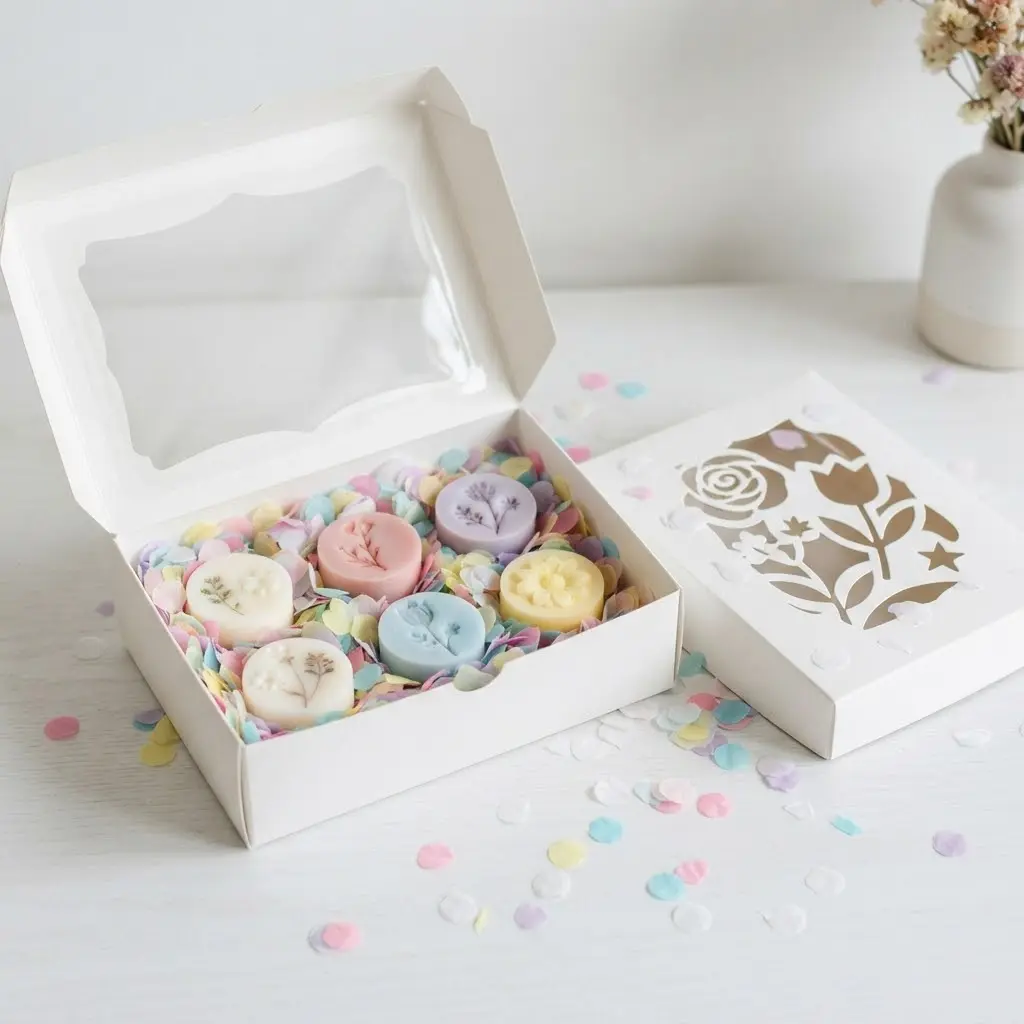Clear window box with confetti fill wax melt packaging on white table.