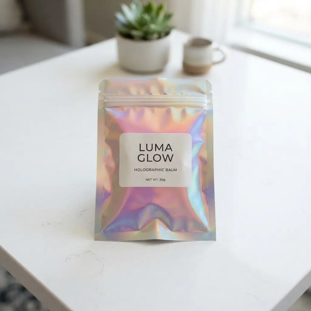 Iridescent holographic pouch wax melt packaging on white table.