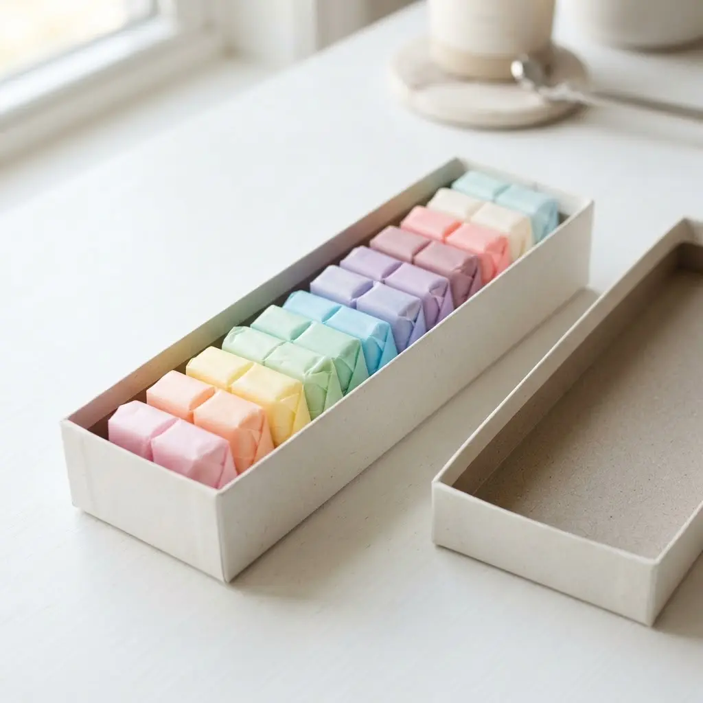 Pastel rainbow layered gift set wax melt box on white modern table.
