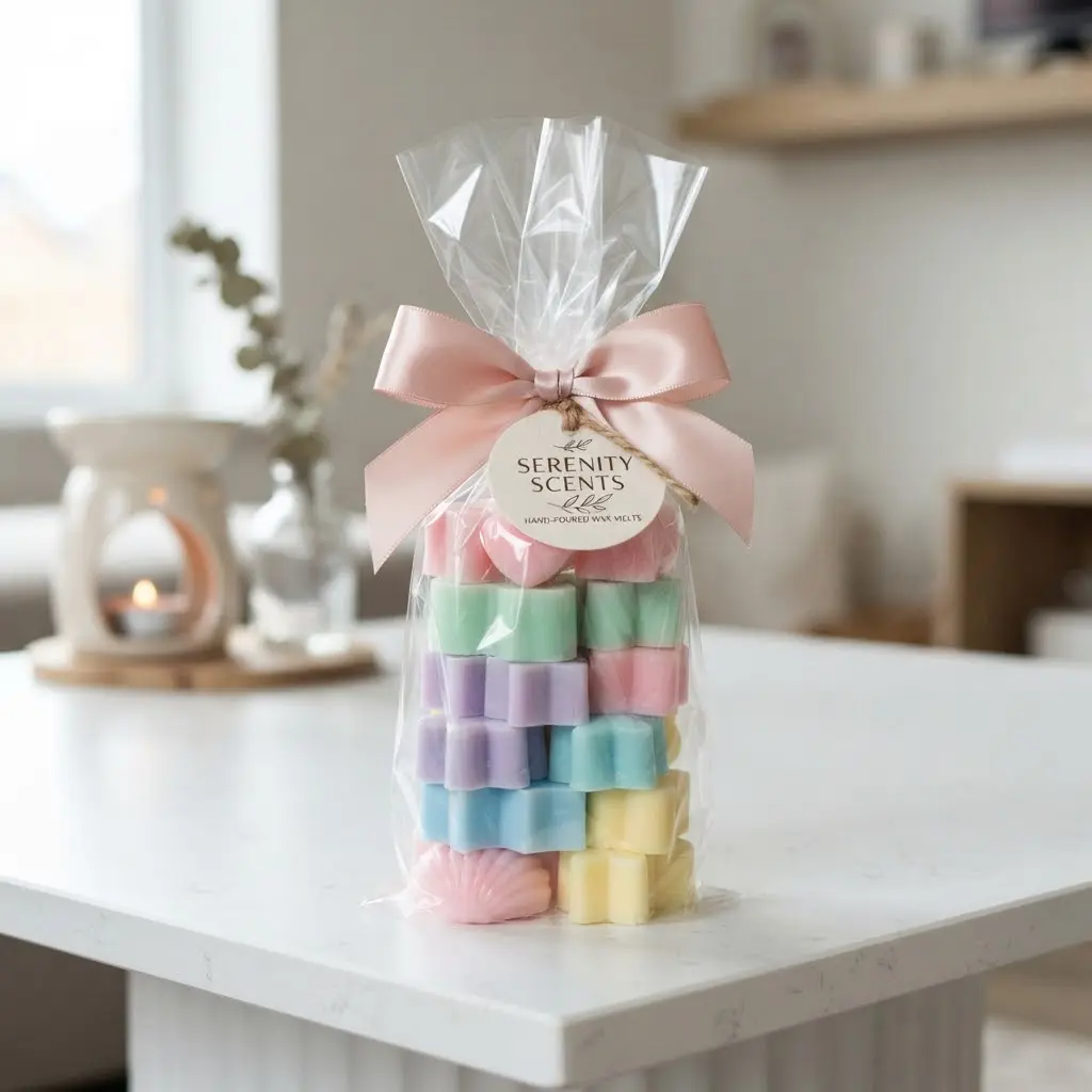 Wax melts wrapped in clear cellophane with satin ribbon and branded tag.