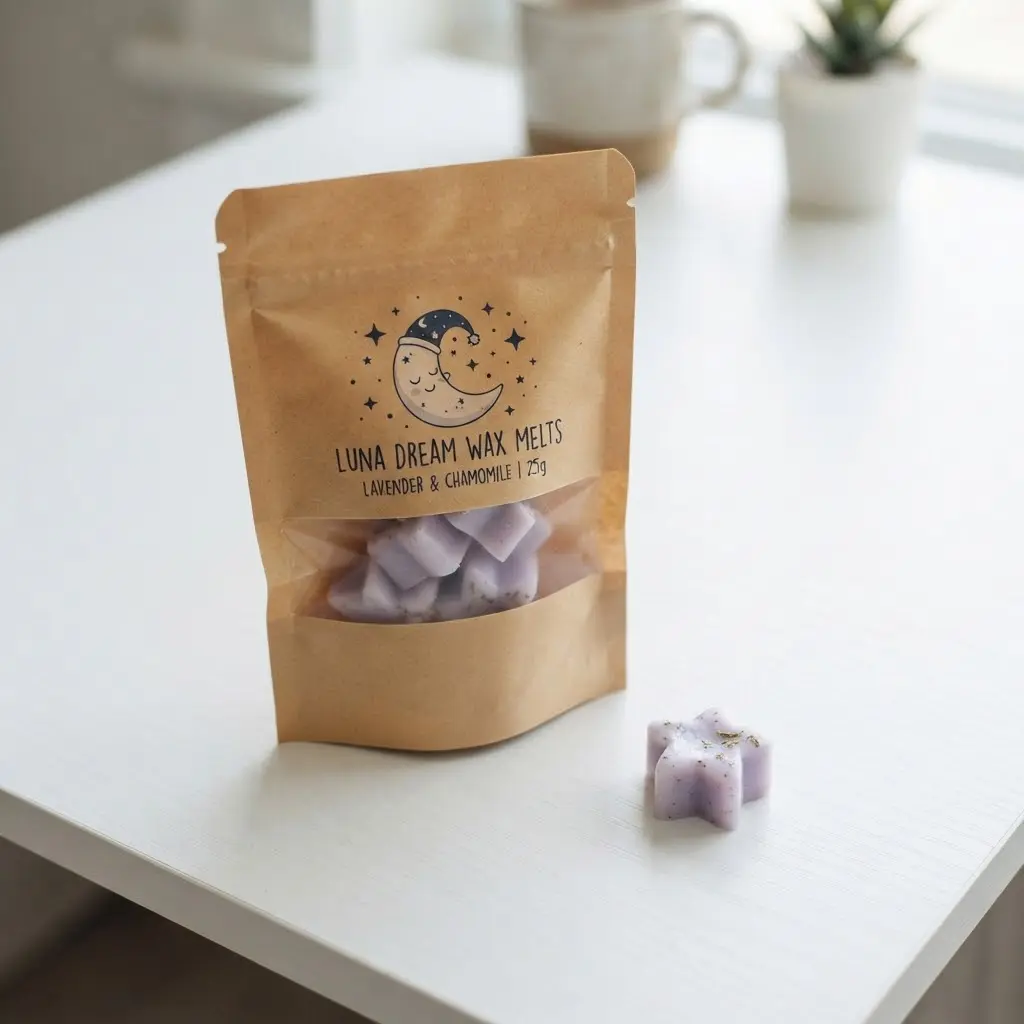 Illustrated character kraft pouch wax melt packaging on white table.