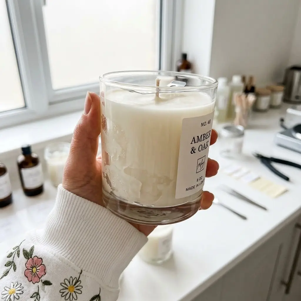 How to fix wet spots in candles — close up of a clear glass candle jar held to natural light showing cloudy wax patches where the soy wax has pulled away from the glass.