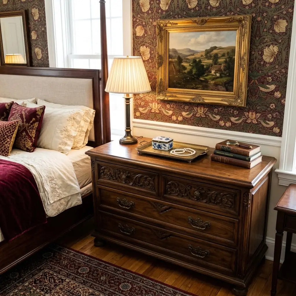 Antique-brass tray, leather-bound books, and decorative accessories arranged on a carved walnut dresser.